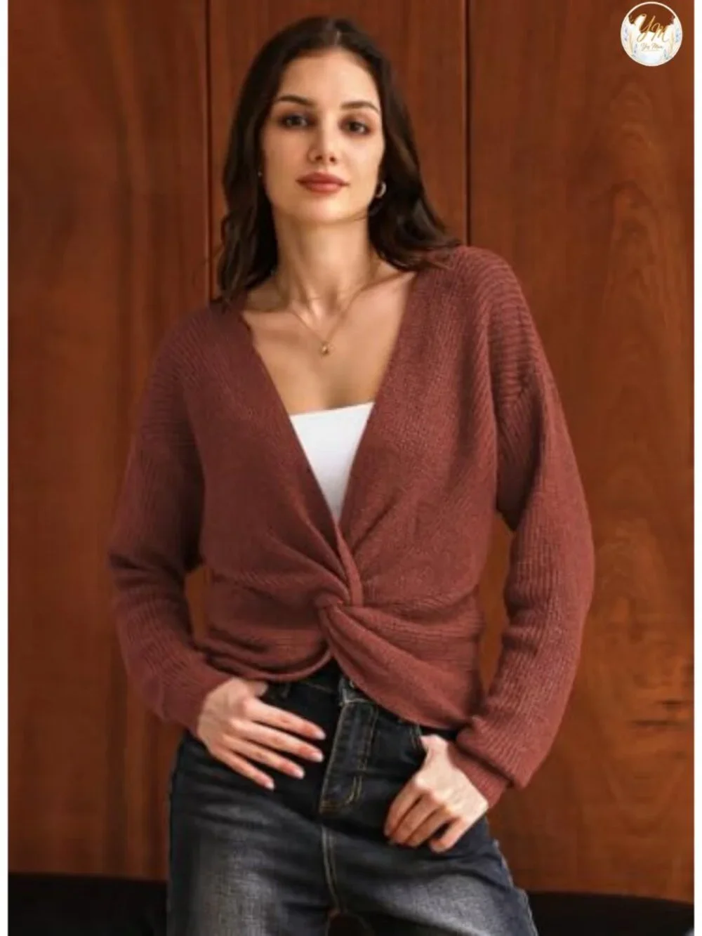 Women's Deep V Neck Twist Front Cropped Sweater - Soft Knit Pullover